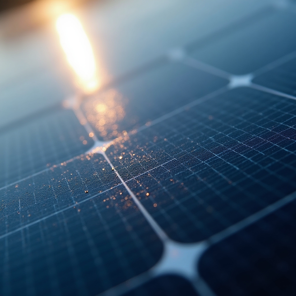 Vista cercana de células fotovoltaicas de un panel solar reflejando luz lateral
