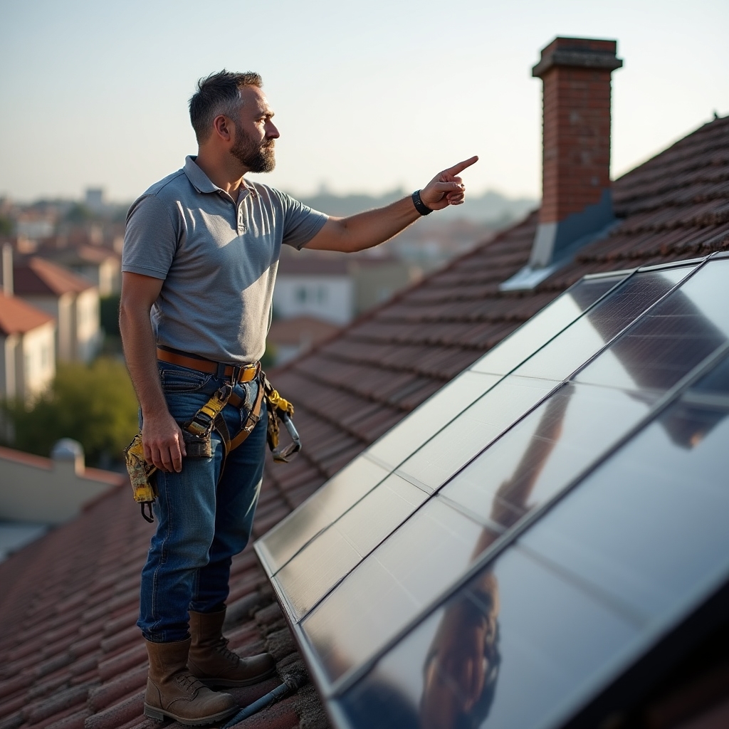 Especialista analizando la orientación y sombras de un tejado residencial con paneles solares