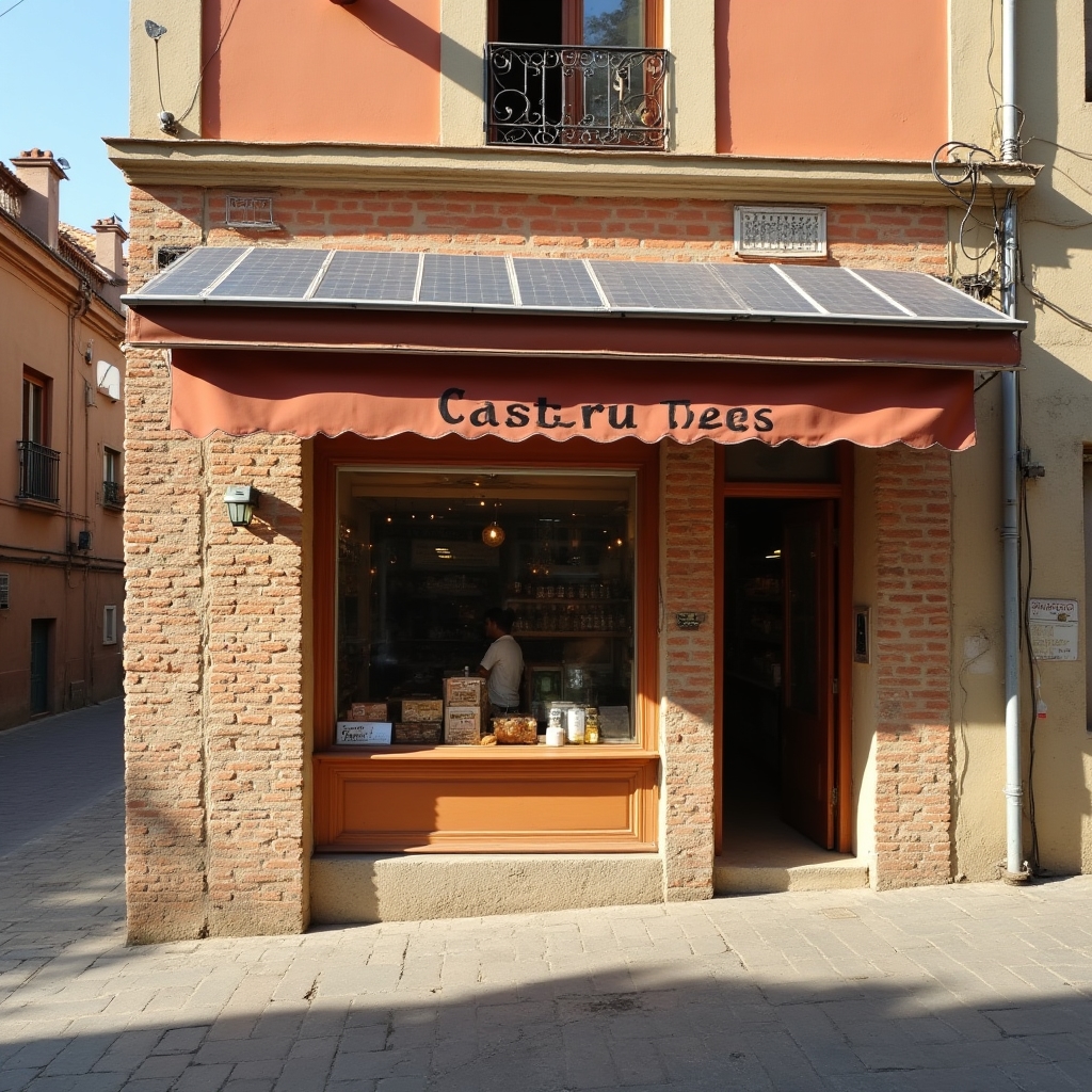 Fachada de una pequeña tienda de barrio con paneles solares visibles sobre el tejado